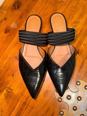 Malone Souliers Black Croc-Embossed Pointed Toe Slide with Braided Strap